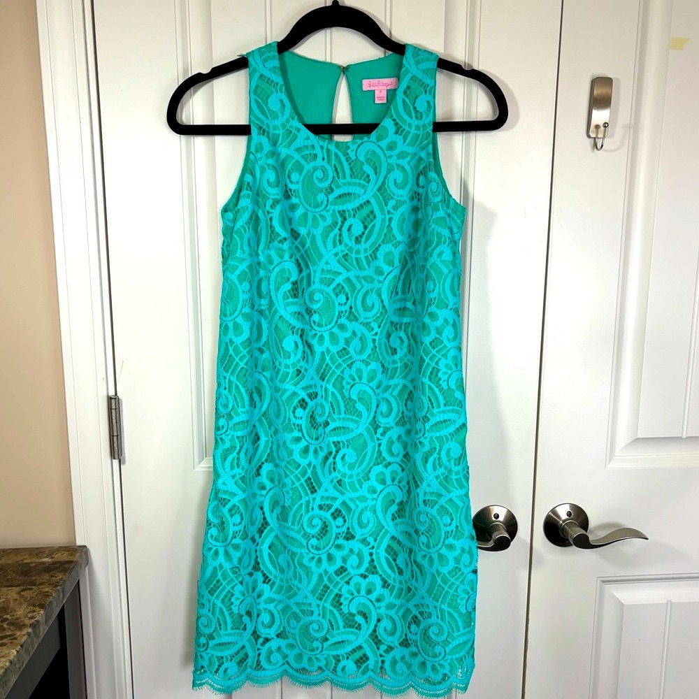 Lilly Pulitzer Courtin Lagoon Green About Face Lace Shift Dress Size 2